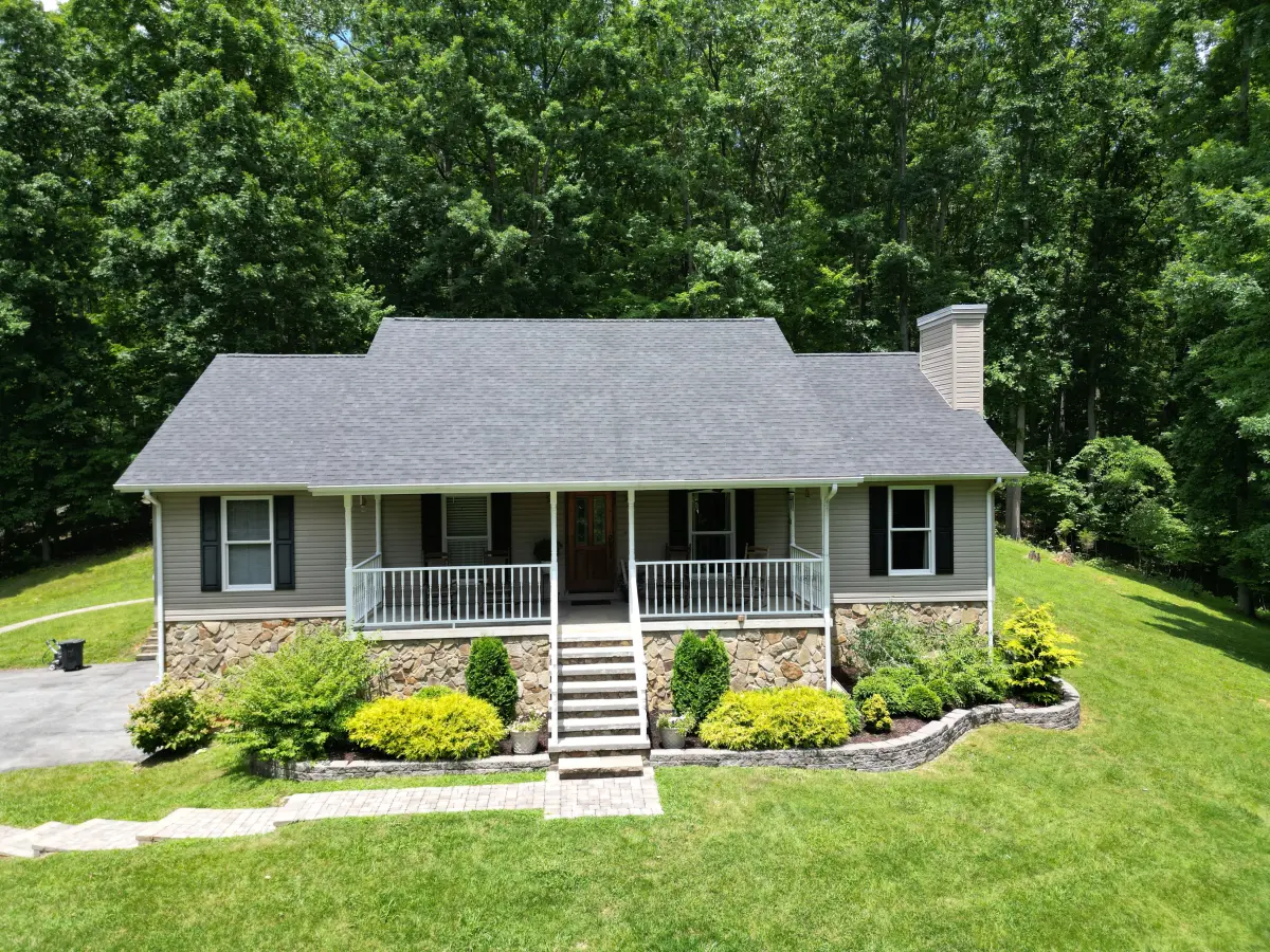 Aerial view of a completed Palisade Roofing project in the Elizabethton, TN area.