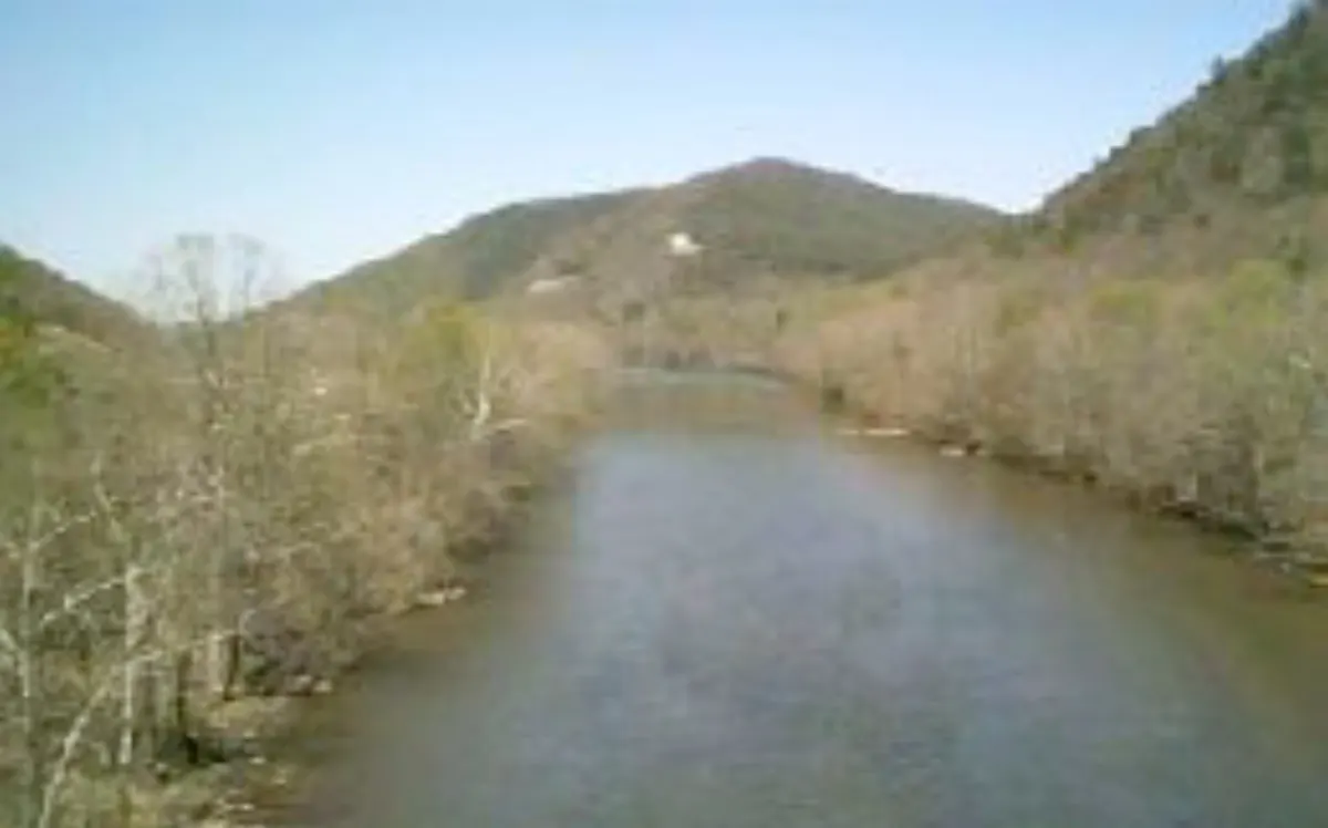 The Nolichucky River winding through the Cherokee National Forest gorge near Erwin, TN.