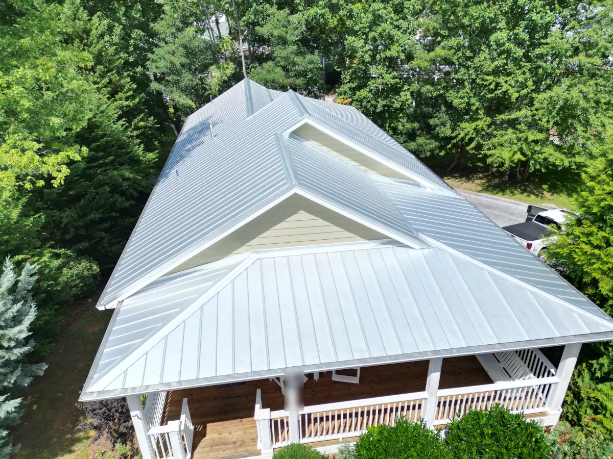 Aerial view of a completed Palisade Roofing project in Jonesborough, TN.