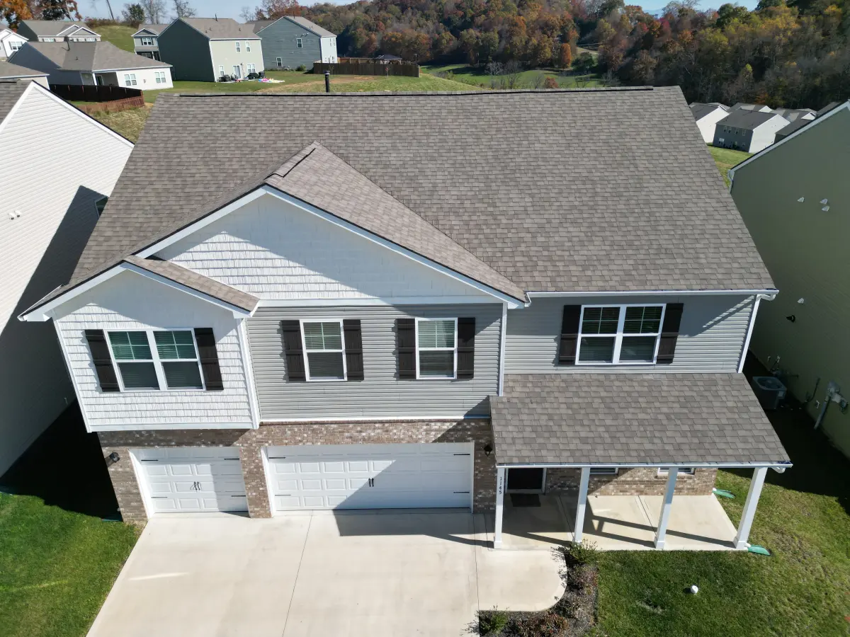 Aerial view of a completed Palisade Roofing project in the Kingsport, TN area.