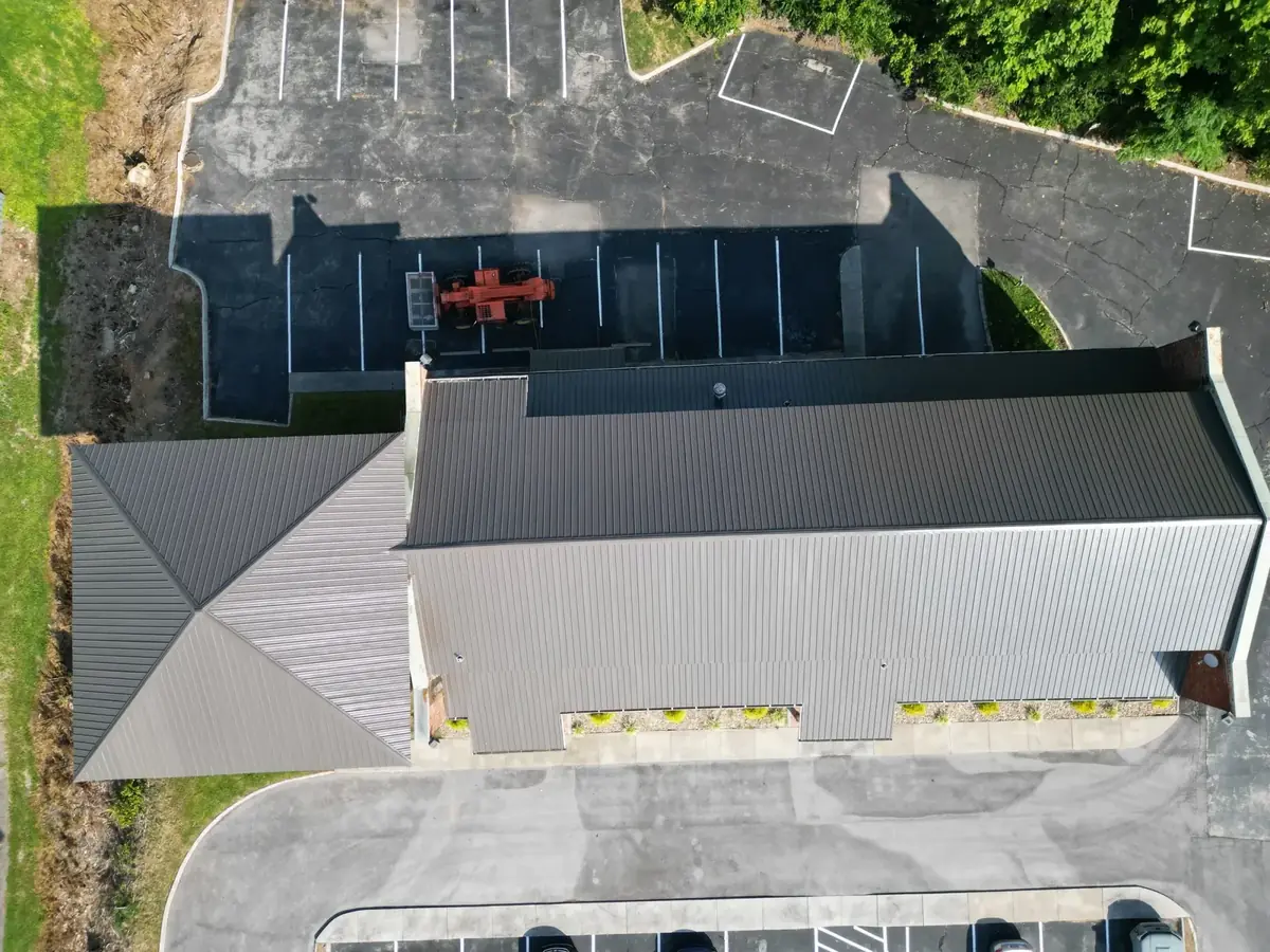 Drone aerial of a completed roof installation in the Tri-Cities, Tennessee.