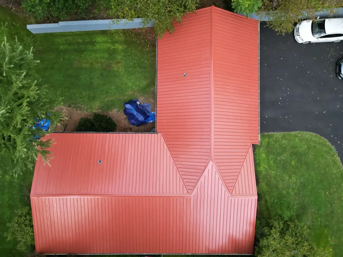 Aerial view of a completed roof project in the Tri-Cities, Tennessee.