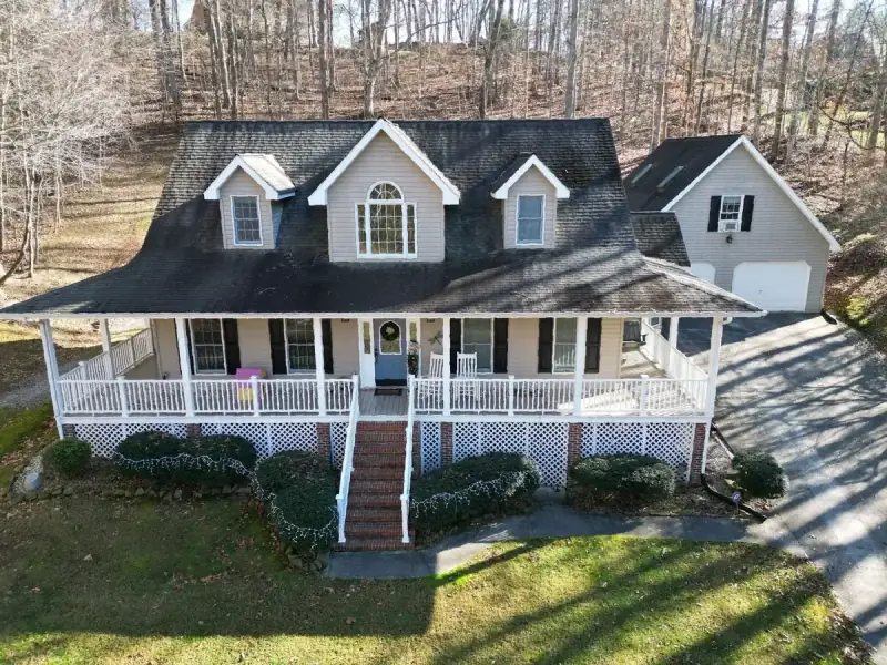 Aerial view of a completed Palisade Roofing project in the King Valley neighborhood, Tri-Cities, TN